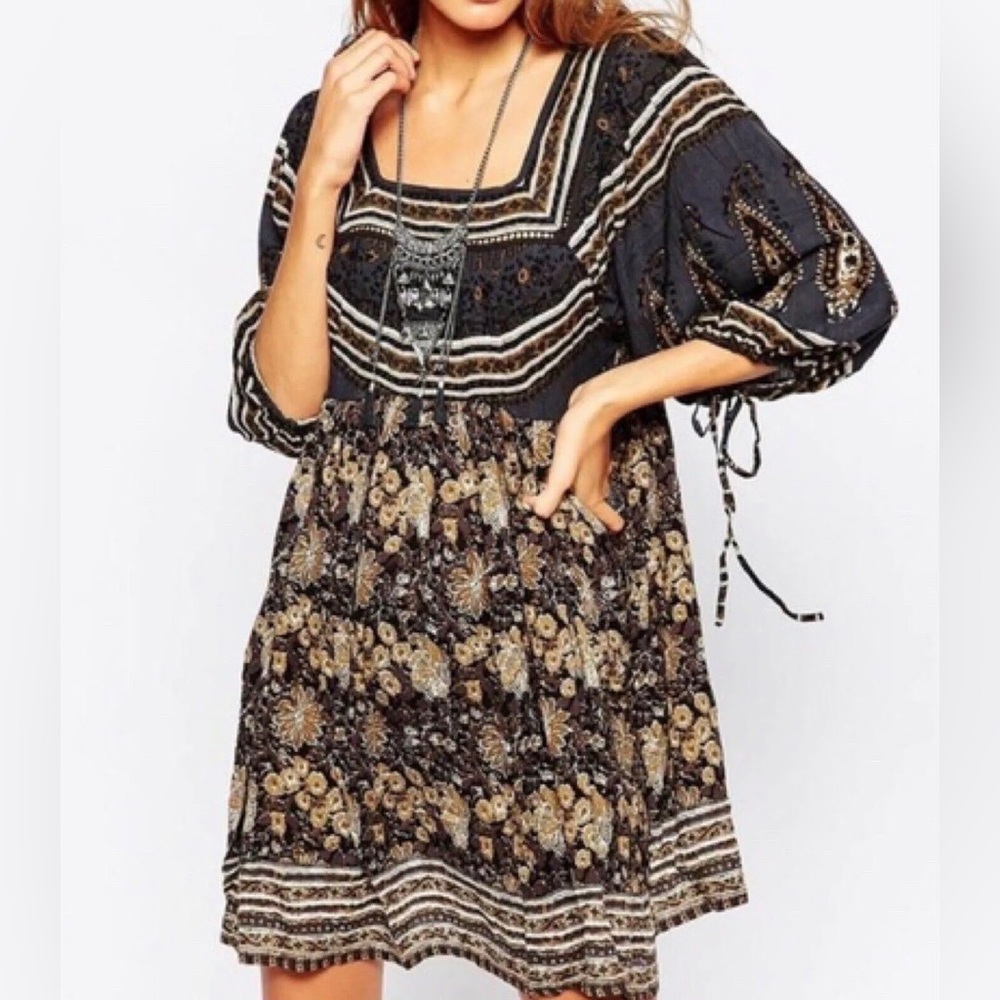 free people midsommer mini - blue and tan dress.  Perfect fall transition dress